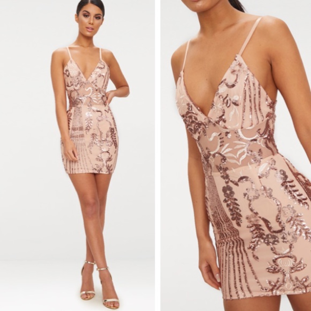 Rose Gold Sheer Strappy Panel Sequin Bodycon Dress